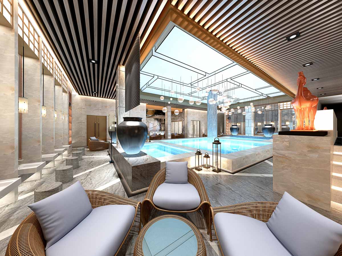 hotel spa with pool and lounge